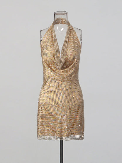 Lady's glittering diamond-studded V-neck backless short dress with d�colletage - RAINSTAR