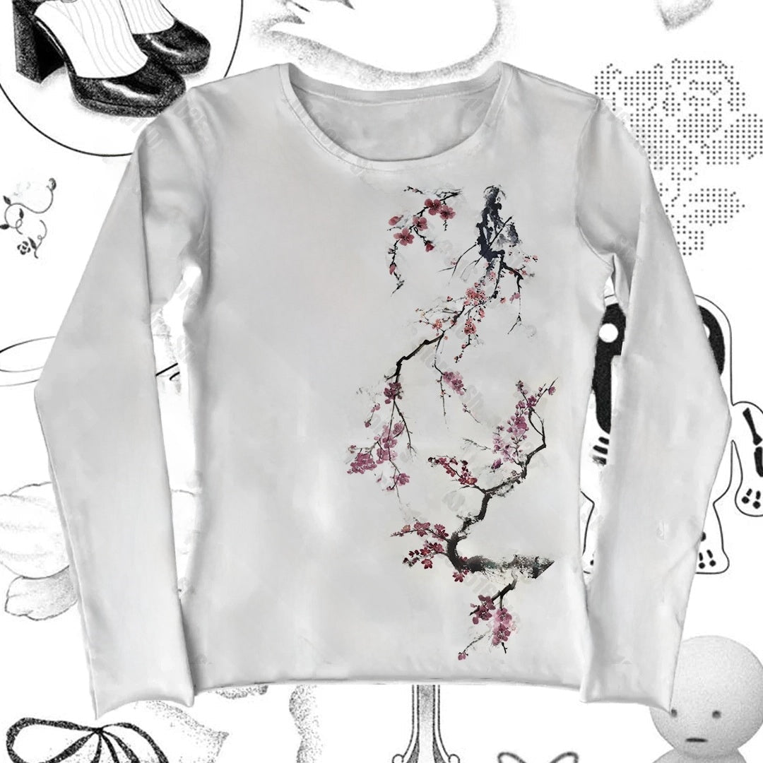 Long Sleeve Milk Silk Tshirt Retro Streetwear Top - RAINSTAR