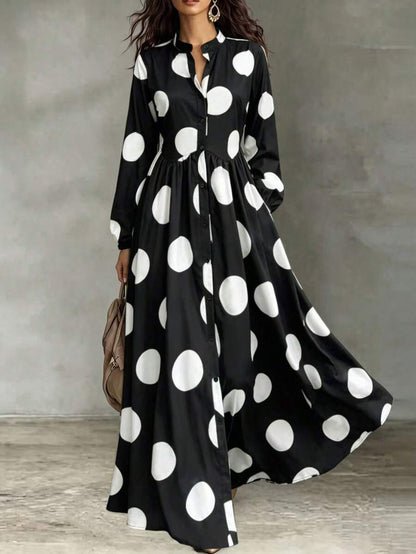 Polka Dot Stand Collar Long Sleeve Dress - RAINSTAR