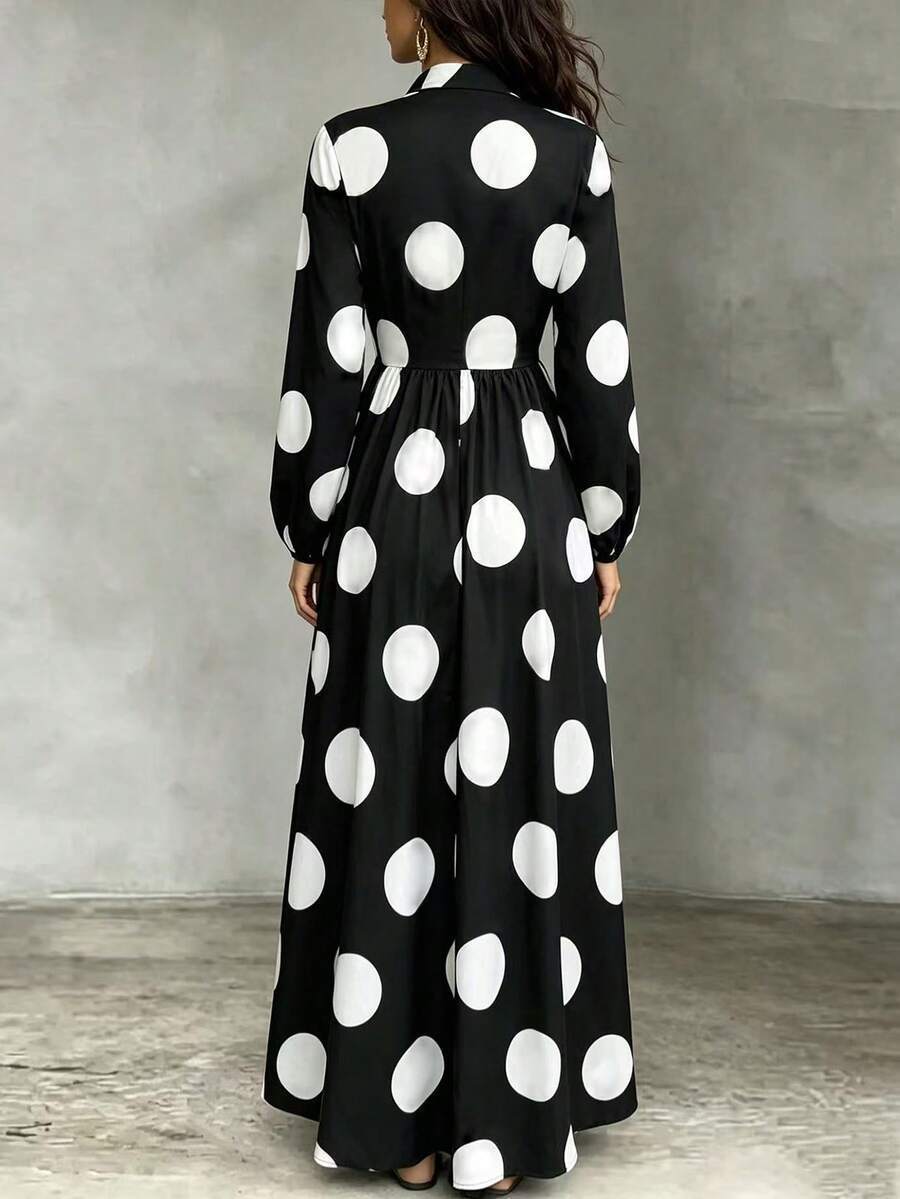 Polka Dot Stand Collar Long Sleeve Dress - RAINSTAR