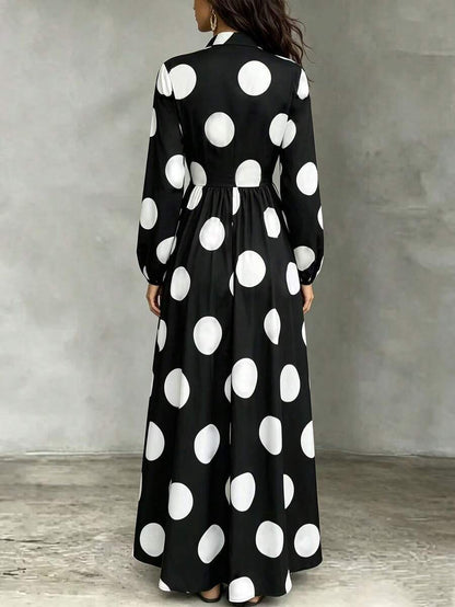 Polka Dot Stand Collar Long Sleeve Dress - RAINSTAR