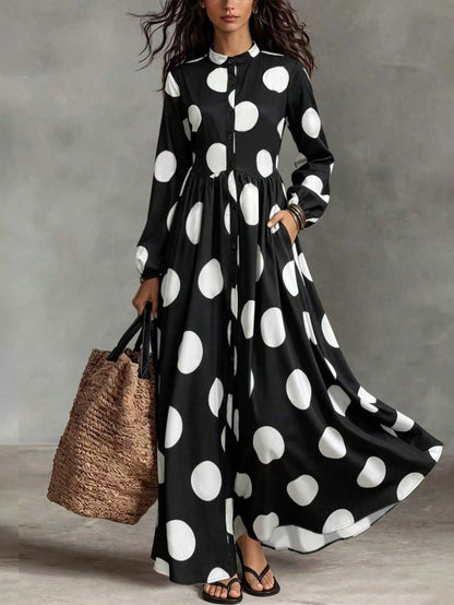 Polka Dot Stand Collar Long Sleeve Dress - RAINSTAR
