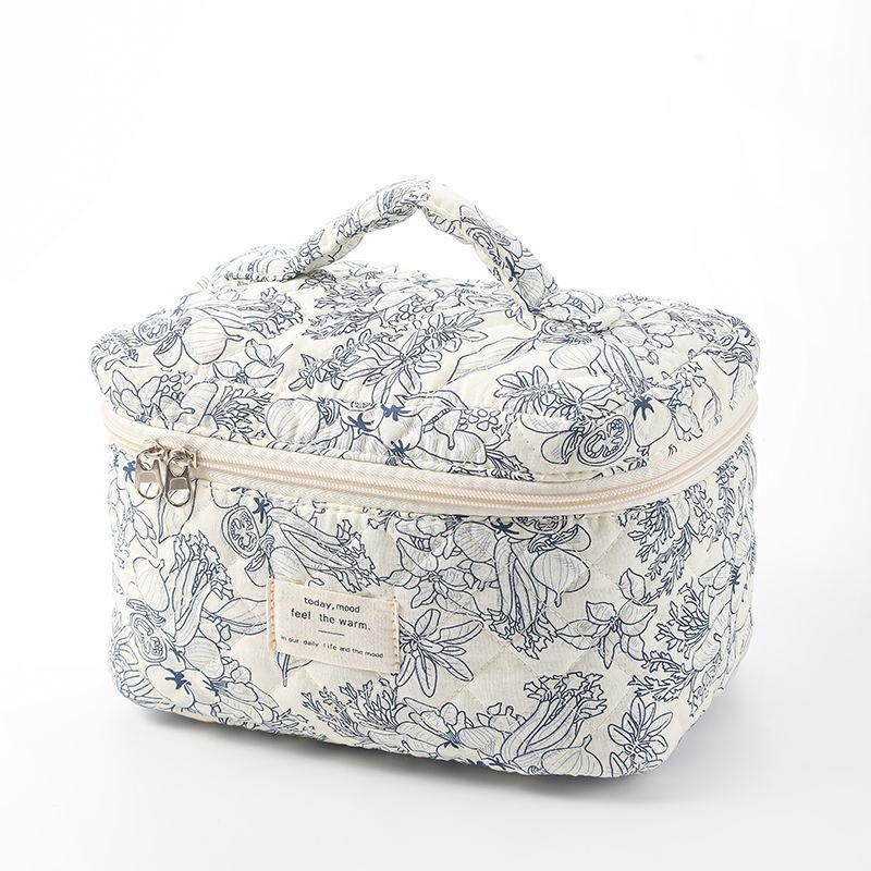 Quilted Cotton Floral Print Makeup Bag with Large Capacity for Travel - RAINSTAR