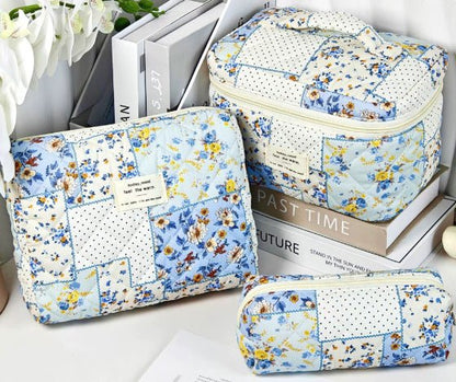 Quilted Cotton Floral Print Makeup Bag with Large Capacity for Travel - RAINSTAR