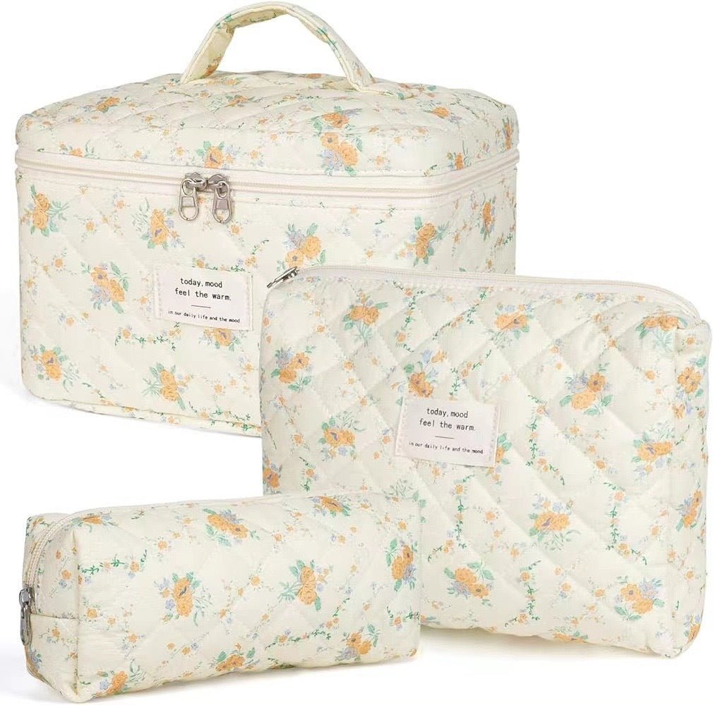 Quilted Cotton Floral Print Makeup Bag with Large Capacity for Travel - RAINSTAR