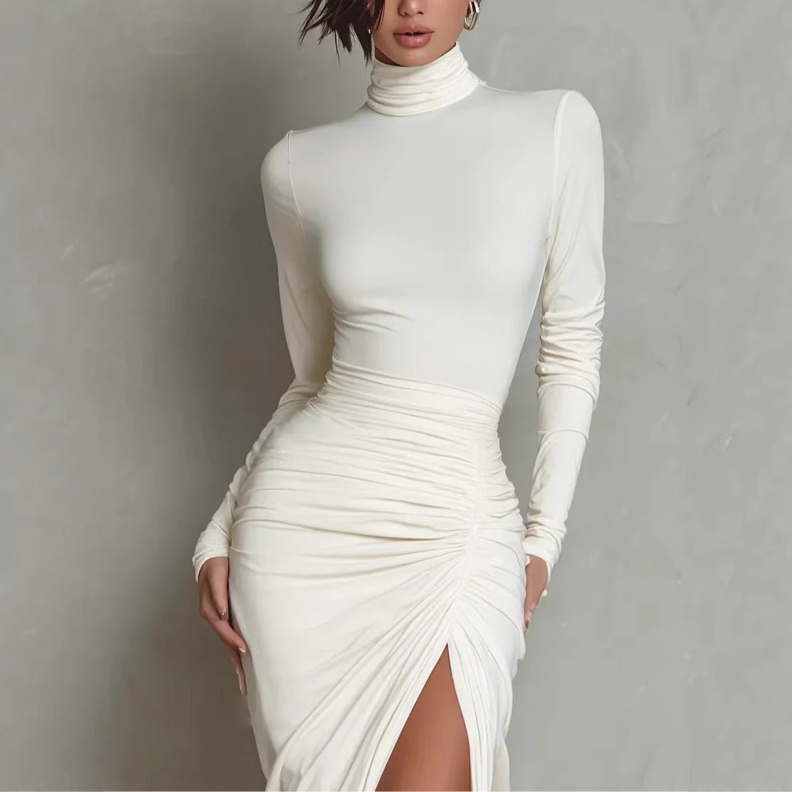 Solid-color elegant high-necked long-sleeved dress - RAINSTAR