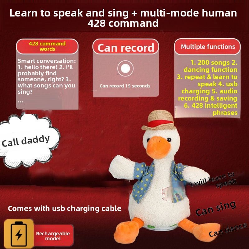 Talking Duck Plush Toy Interactive Learning Baby Gift with 200 Songs - RAINSTAR
