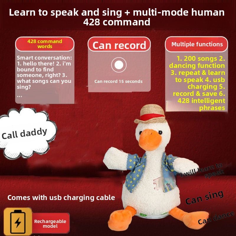 Talking Duck Plush Toy Interactive Learning Baby Gift with 200 Songs - RAINSTAR